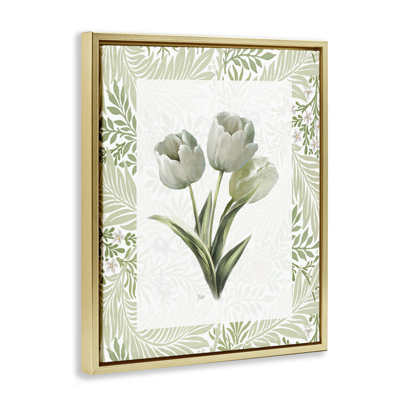 Cadre flottant trio de tulipes vert pâle, design par Nan, H 31 po x l 25 po, Cadre flottant métallique doré
