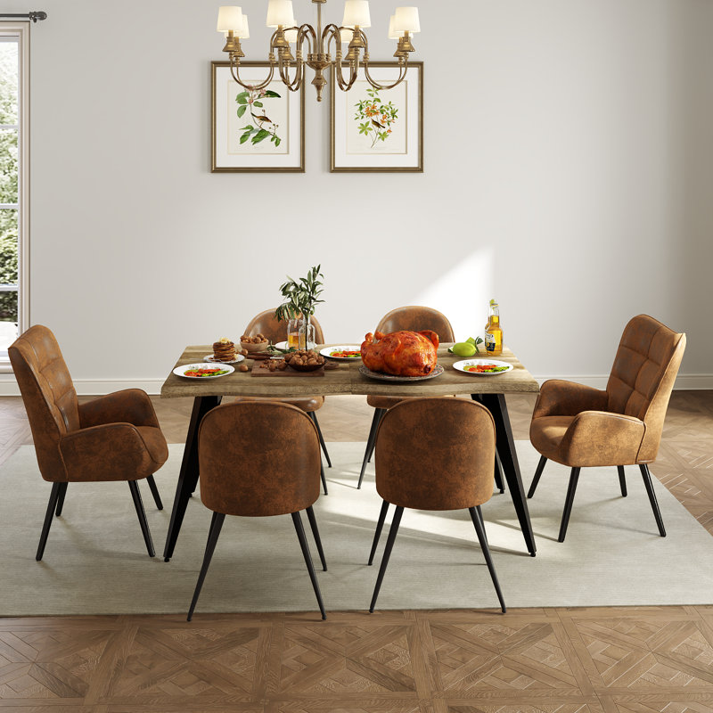 Shivani Elegant 7-Piece Dining Table Set for 6, 63" Live Edge Dining Table with Upholstered Chairs for Kitchen Dining Room