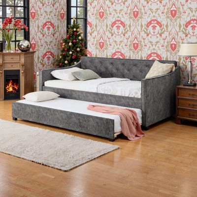Twin Size Upholstered Daybed With Pop-Up Trundle USB Charging Plywood & MDF Frame