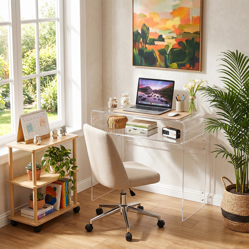 Bureau 33,5 po en acrylique transparent avec tablette de rangement, bureau d'écriture transparent moderne avec structure en acrylique épais pour chambre à coucher, dortoir et bureau personnel