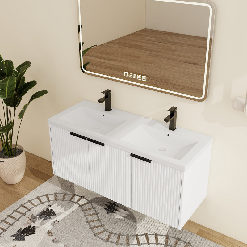 Farnor 48'' Wall-Mounted Double Bathroom Vanity With Resin Vanity Top, White, 48"