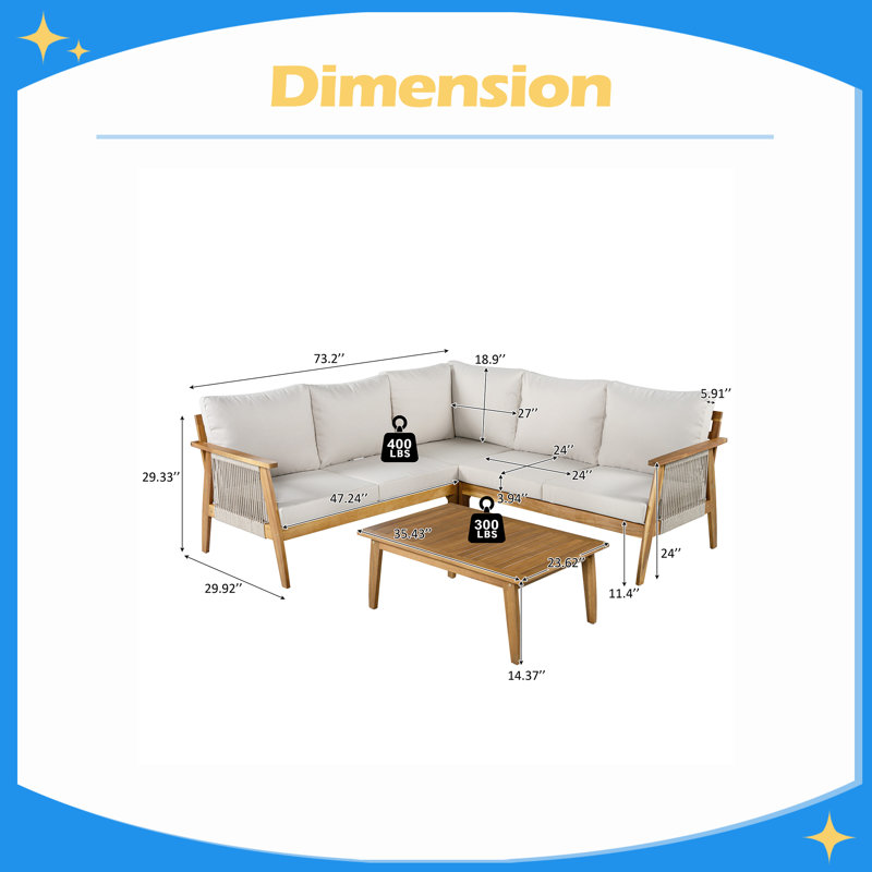 Ensemble de coin de patio d'extérieur 4 pièces en bois d'acacia et corde