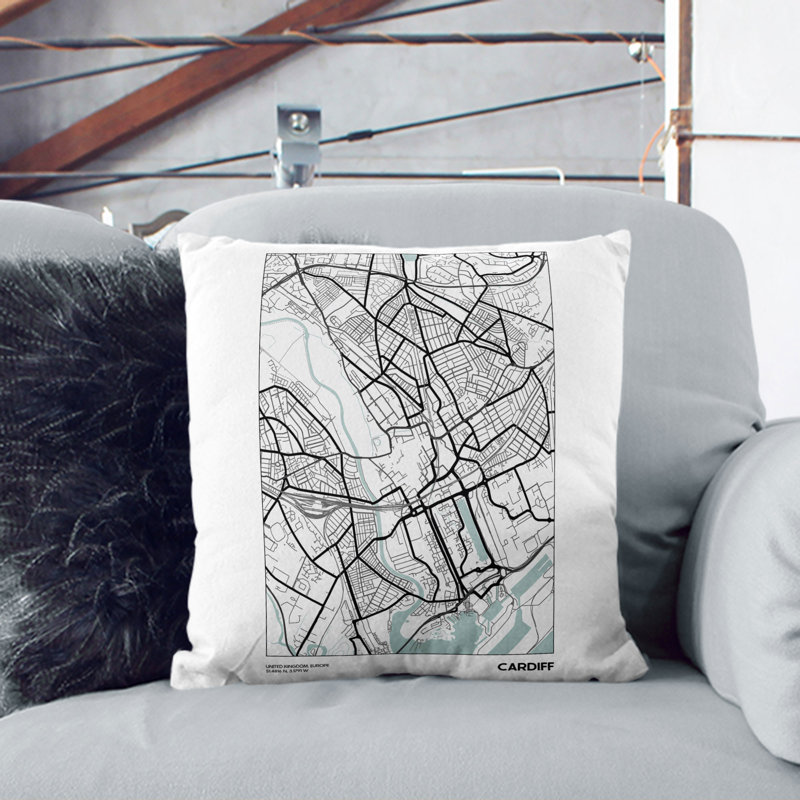 Map Cardiff Uk Square Throw Cushion, 40cm H x 40cm W x 15cm D