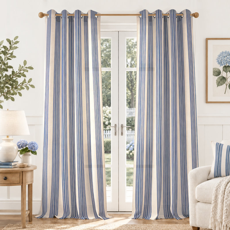 Rideaux semi-transparents en lin avec motif à rayures Chris, Gris, L 52 po x L 108 po