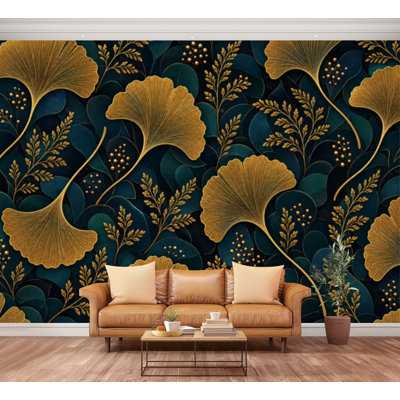Wall Mural Peel and Stick Wallpaper Seamless golden gingko leaf An endless green leaves For Ideal for Self-Adhesive Removable Contact Paper Wall Decor for Living Room Bedroom 100"H x 144"W