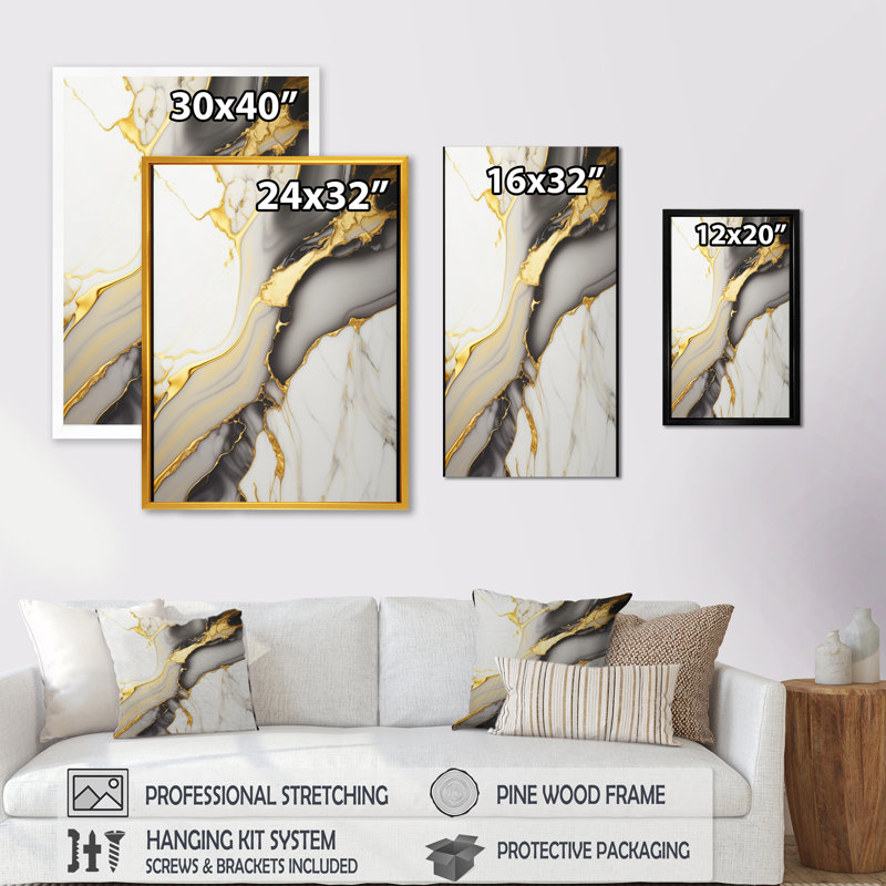 Géode abstraite marbre blanc et or II - art mural abstrait en marbre, H 20 po x l 12 po, Toile avec cadre photo, Black