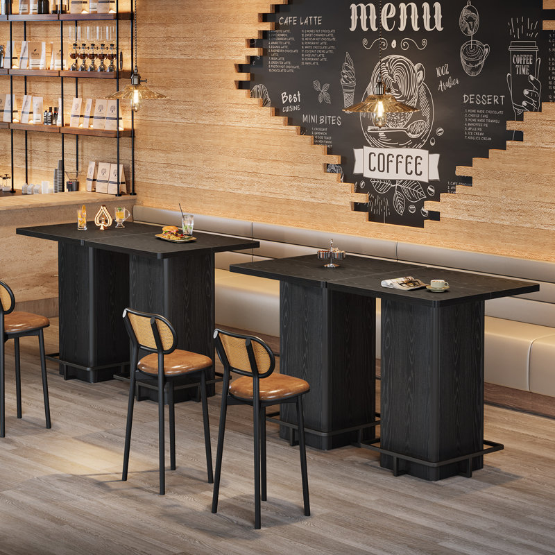 Table bistro carrée, table bistro en bois H 39,4 po avec repose-pieds à structure en métal (table unique), Black