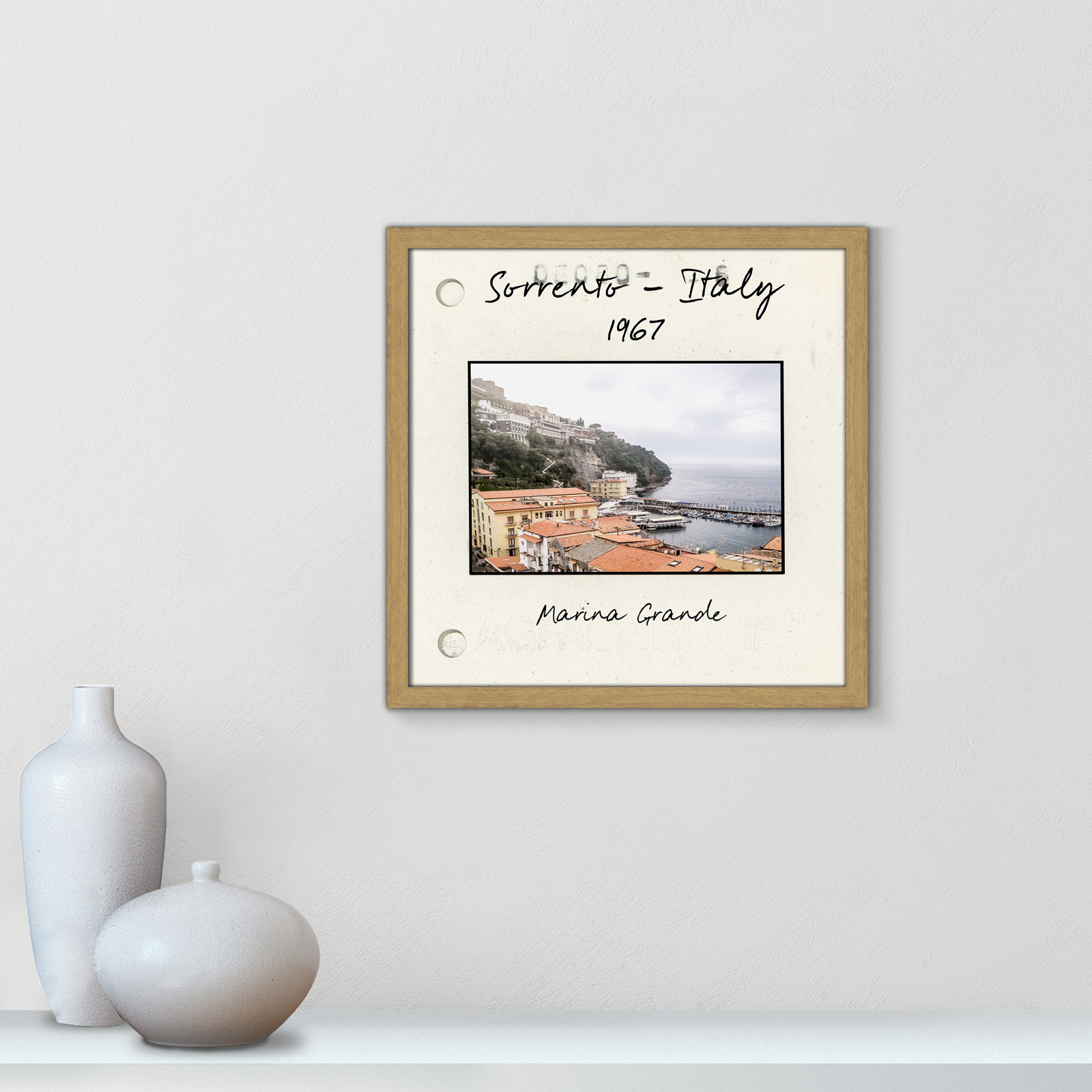 Travel Slide Collection "Sorrento, Italy" Print, 17" H x 17" W x 0.75" D, Natural Single Picture Framed Paper