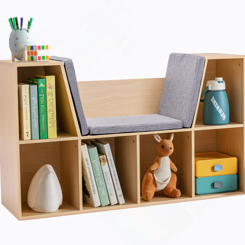 Bibliothèque pour 6 enfants avec coin lecture et coussin, rangement polyvalent pour chambre à coucher, Naturel