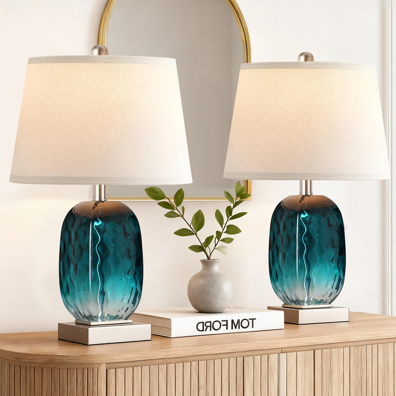 22" Modern Teal Blue Glass Table Lamp Set Of 2 With Usb A+C Ports,Bedside Lamp With Touch Control , 3-Way Dimmable Bedroom Lamps,Bulbs Included