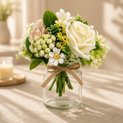 Faux Flowers In Vase For Vanity Decor, Centerpieces For Tables Office Desk Valentine's Day Gift, Artificial Flowers With Vase For Nightstand