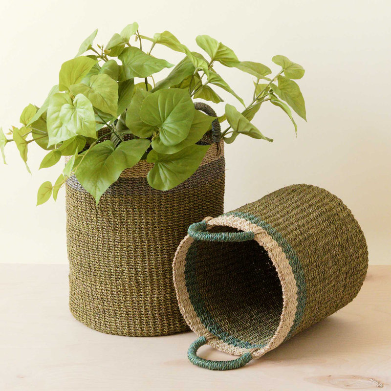 Cylinder Basket with handles, nested set of 2, Green