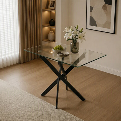 Rectangular Dining Table,47.24" Glass Dining Table with Black Legs, Modern Kitchen Table for Home Kitchen, Dining Room