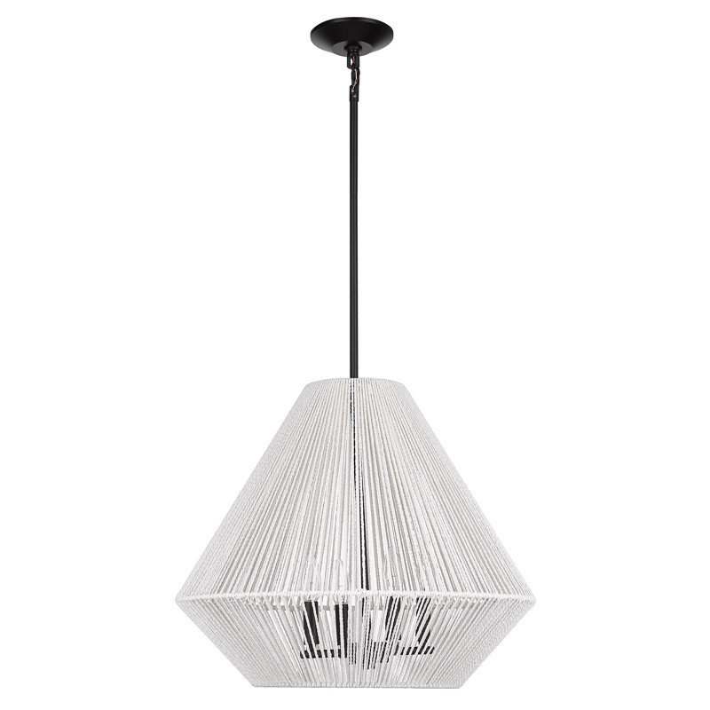 Luminaire suspendu géométrique à 4 lumières Simon, Corde raphia blanc blanchi