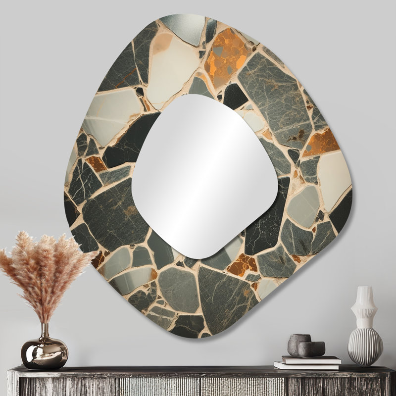 Lygia Grey Abstract harmony in tiles  II - Tile Asymmetrical Wall Mirror, Modern Unique Shape Decorative Mirror, Printed Metal Art