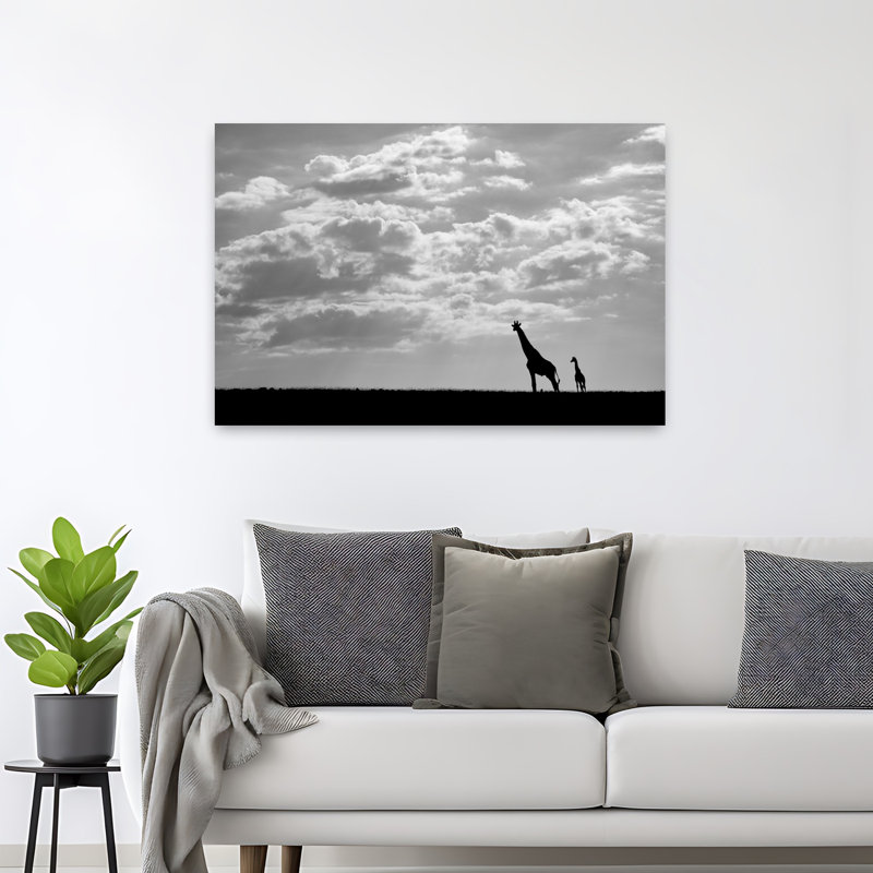 Silhouette de famille de girafes d'Afrique dramatique minimaliste paisible girafe paysage nature, H 32 po x l 48 po