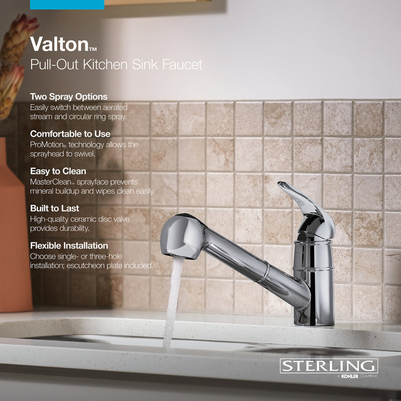 Valton Pull Out Single Handle Kitchen Faucet with MasterClean and Side Spray, Polished Chrome