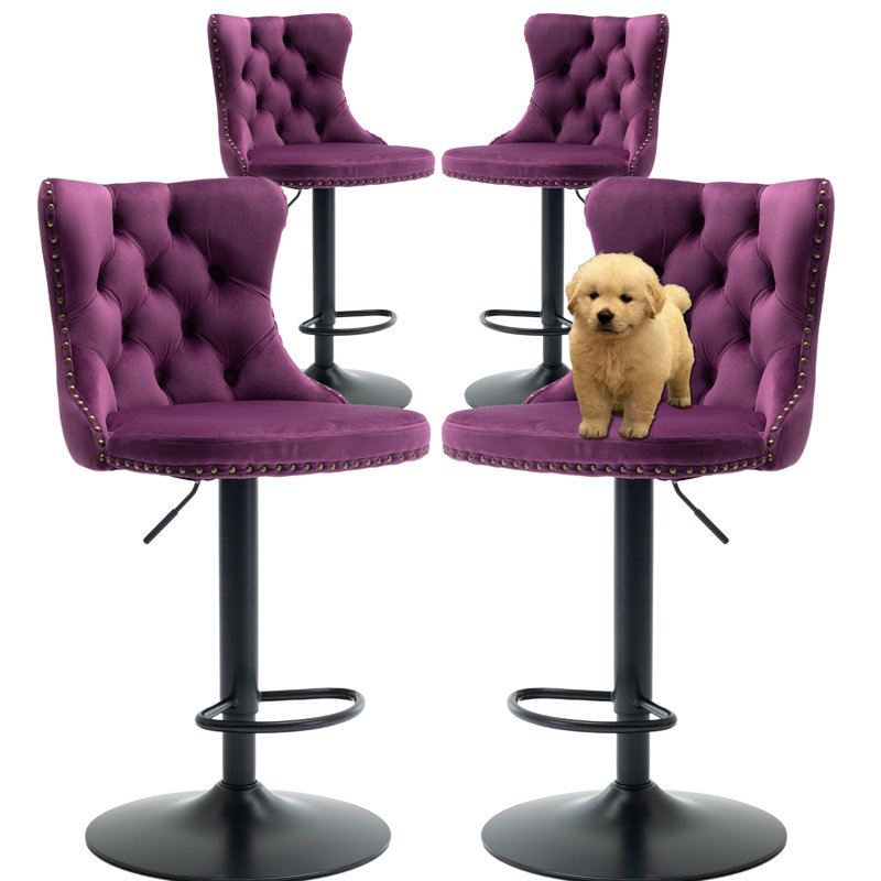 Ensemble de 4 tabourets de bar modernes en velours pivotant à hauteur ajustable, Mauve