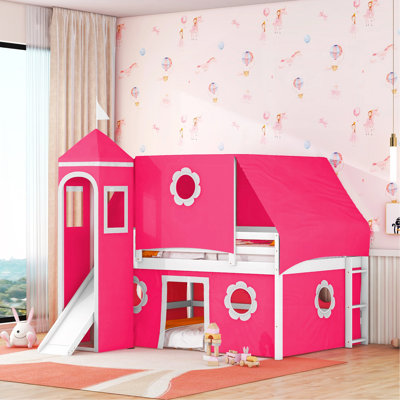 Full Size Loft Bed With Slide Pink Tent And Tower - Pink