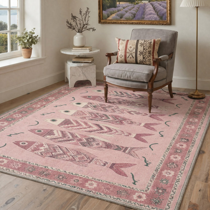 Tapis rose / ivoire lavable à motif oriental poisson avec envers antidérapant, Rectangle 5' x 7'