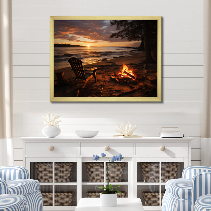 «Aluesi Beach Beach Bonfire II», reproduction sur toile, Cadre doré à une seule photo, H 30 po x l 40 po x P 1,5 po