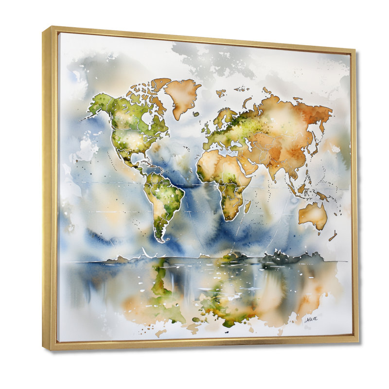 Mappemonde, carte du monde, salon, art mural, H 30 po x l 30 po, Impression dans un cadre flottant sans passe-parto, Doré