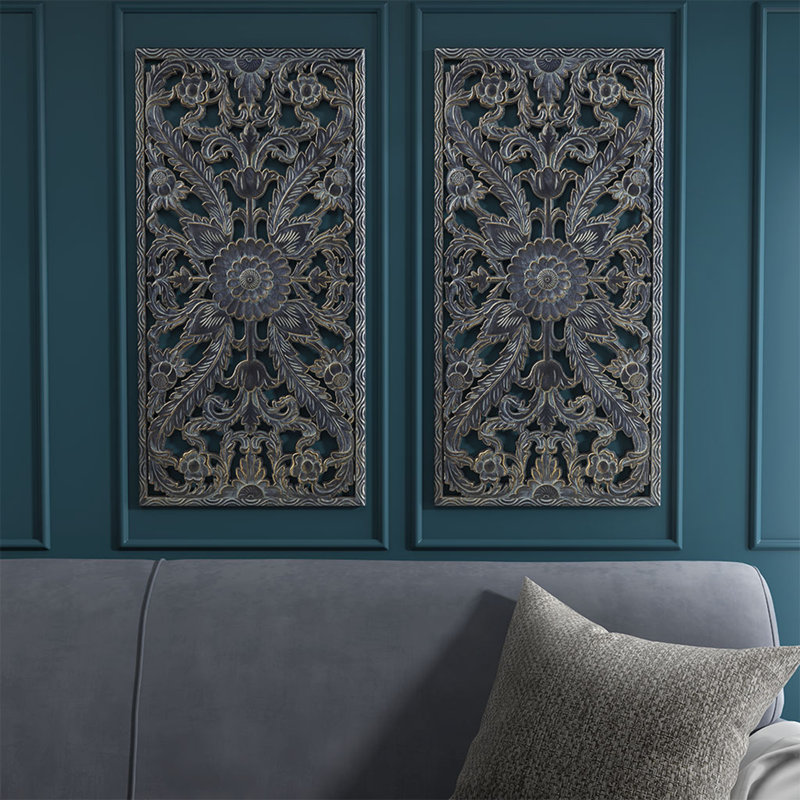 Ensemble de 2 décorations murales en bois sculpté vieilli, Bleu antique