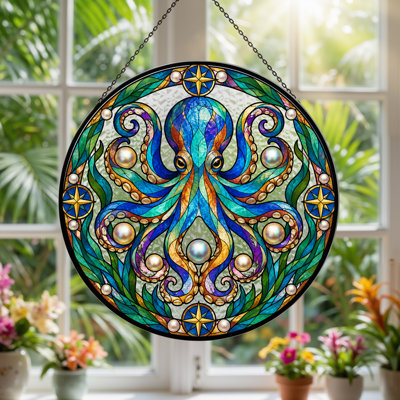 Octopus Stained Glass Design with Compass Roses and Pearls Canvas Wall Art