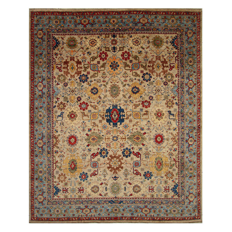 Hand Knotted Wool Oriental Area Rug in Camel/Gray/Navy/Red