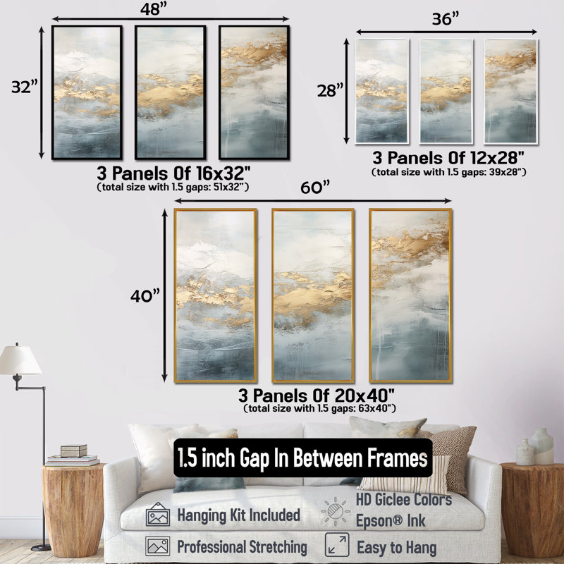 Beige, bleu, or, océan, tempête V, ensemble d'art mural sur toile à formes abstraites, Cadre flottant doré, H 28 po x l 36 po