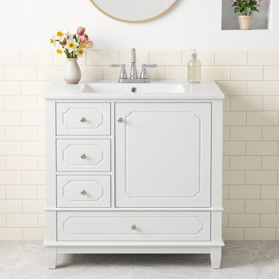 Meuble-lavabo mural encastré en céramique blanche 30 po avec armoire en panneau de fibres à densité moyenne, bois d'hévéa massif, 3 tiroirs, 1 porte à fermeture en douceur, poignée en métal, sans robinet, 3 trous, ensemble central de 4 po, blanc, finition peinte