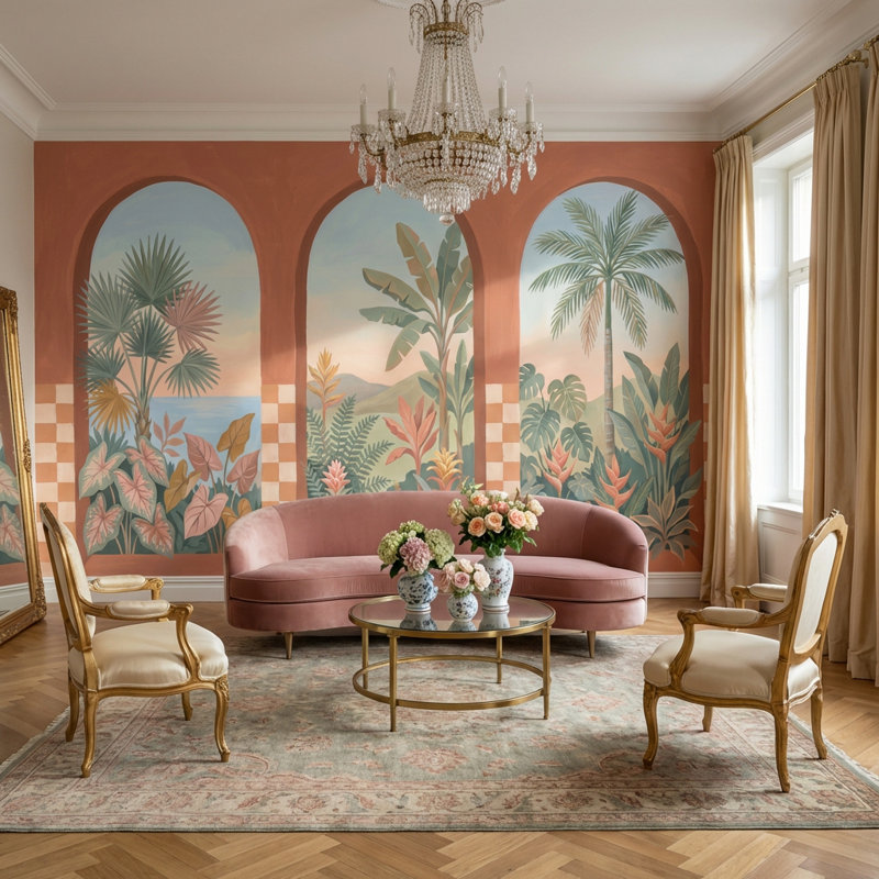 Décoration murale murale arquée de style tropical, 100 po x 96 po, Peler et coller