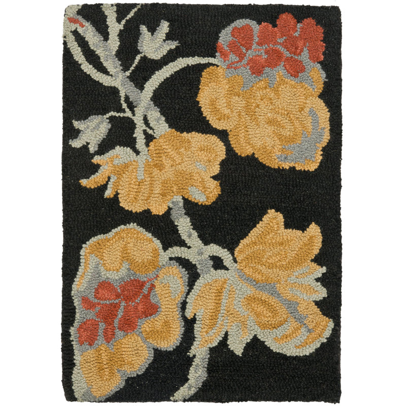 Emrick Blossom Hand Hooked Wool/Cotton/Latex Floral Rug in Black, Rectangle 5' x 8'