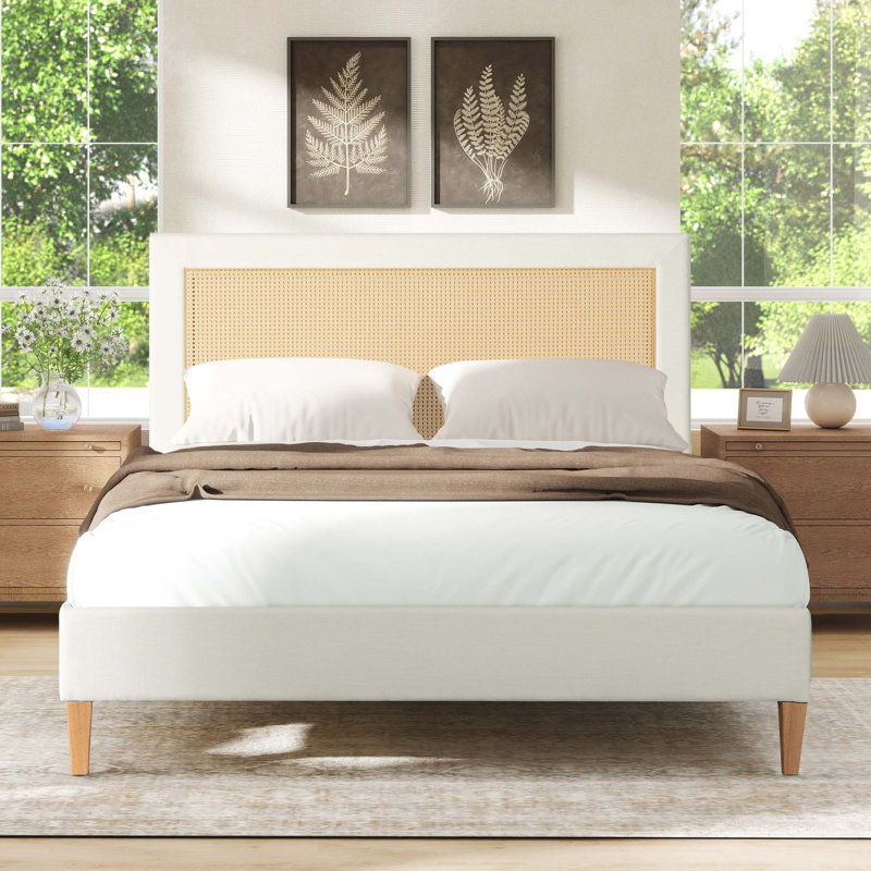 Haley Upholstered Cane-Back Platform Bed, Queen
