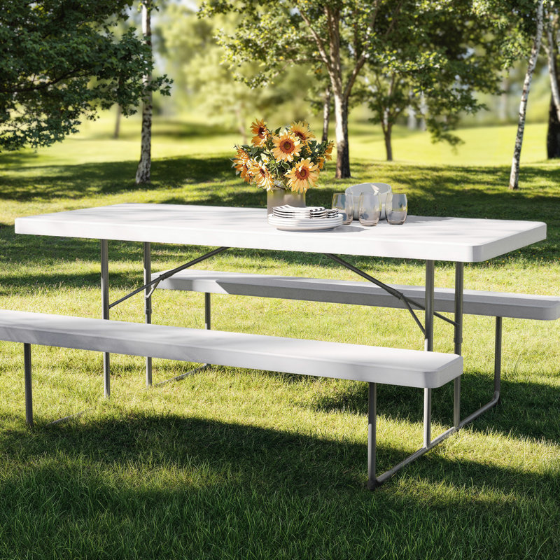 Table de pique-nique pliante 6 pi - Structure en acier, plateau et bancs en PEHD, White
