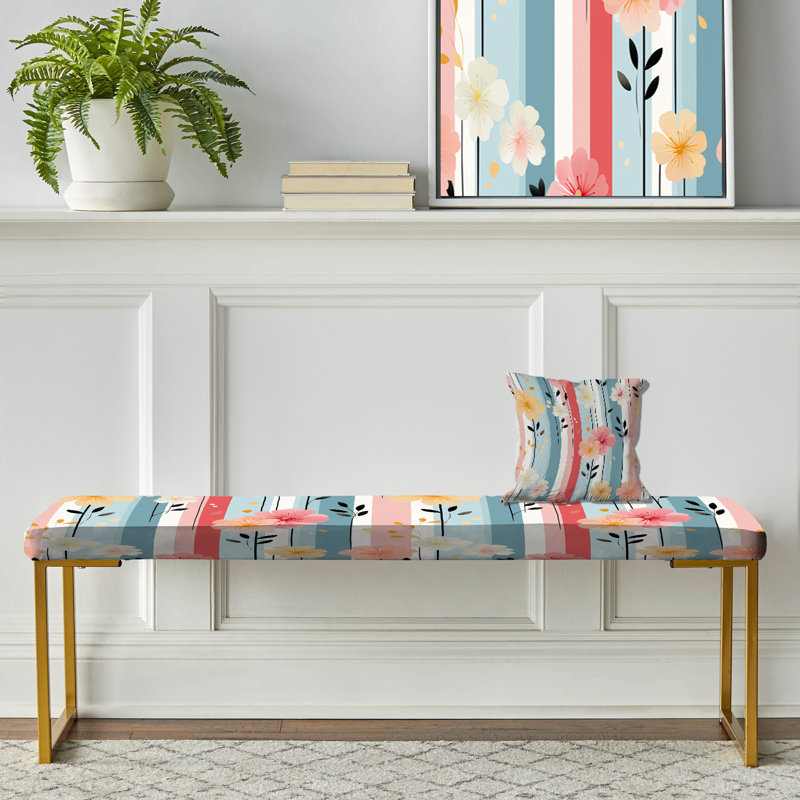Retro Pastel Stripes And Flowers Pattern - Striped Upholstered Gold Bench