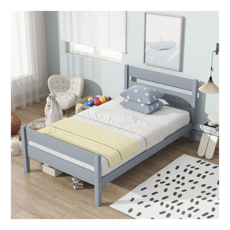Lit simple avec tête et pied de lit, lit en bois d'hévéa, gris