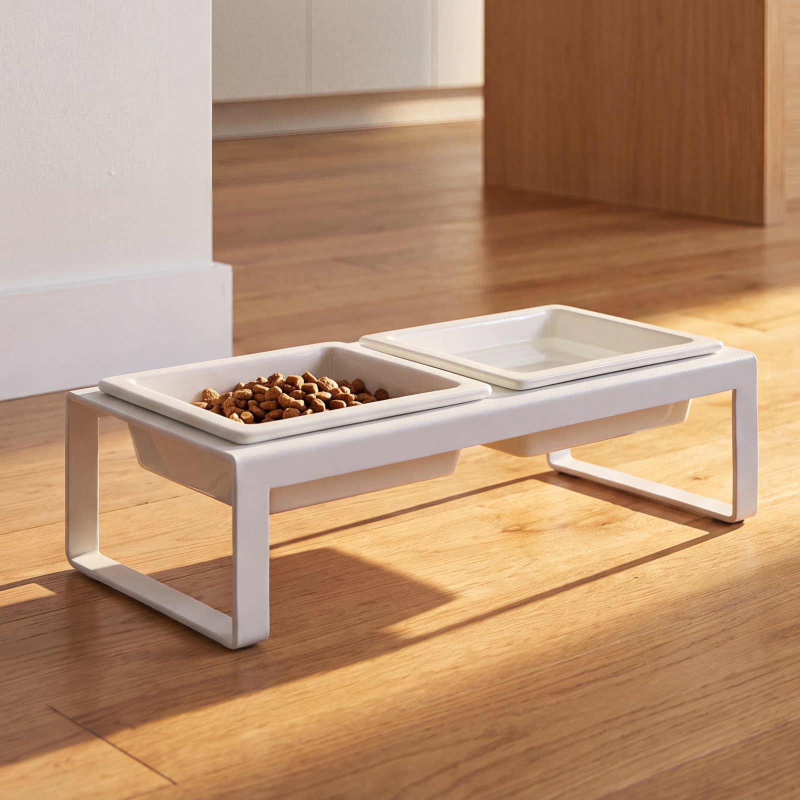 Yamazaki Home Tall Steel and Ceramic Pet Feeder, White