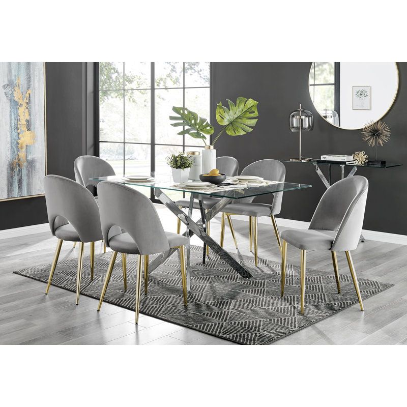Leonardo Glass And Chrome Dining Table & 6 Grey Arlon Gold Leg Chairs