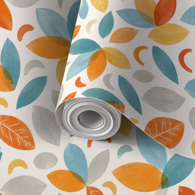 Papier peint auto-adhésif abstrait avec feuilles d'automne multicolores superposées orange bleu auto-adhésif et amovible 24 po x 118 po (60 x 300 cm)