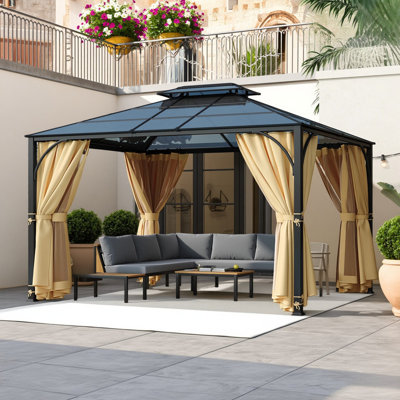 Hardtop Outdoor Gazebo with Polycarbonate Roof, Aluminum Frame, Mosquito Netting, and Privacy Screens for Backyard