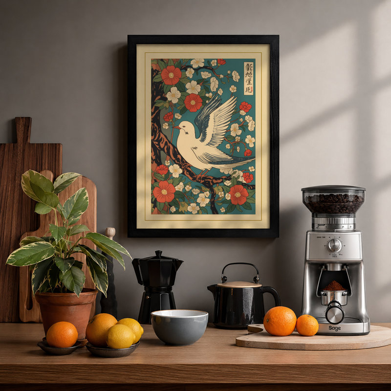 Dove Among Chrysanthemums Japandi - Print, A2 - 59.4 x 42.0 cm, Black