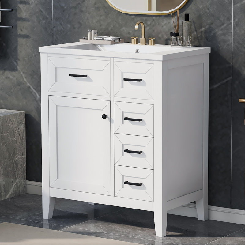 Ensemble de meuble-lavabo 30 po avec lavabo, armoire de salle de bain blanche avec tiroirs, structure solide et panneau de fibres à densité moyenne