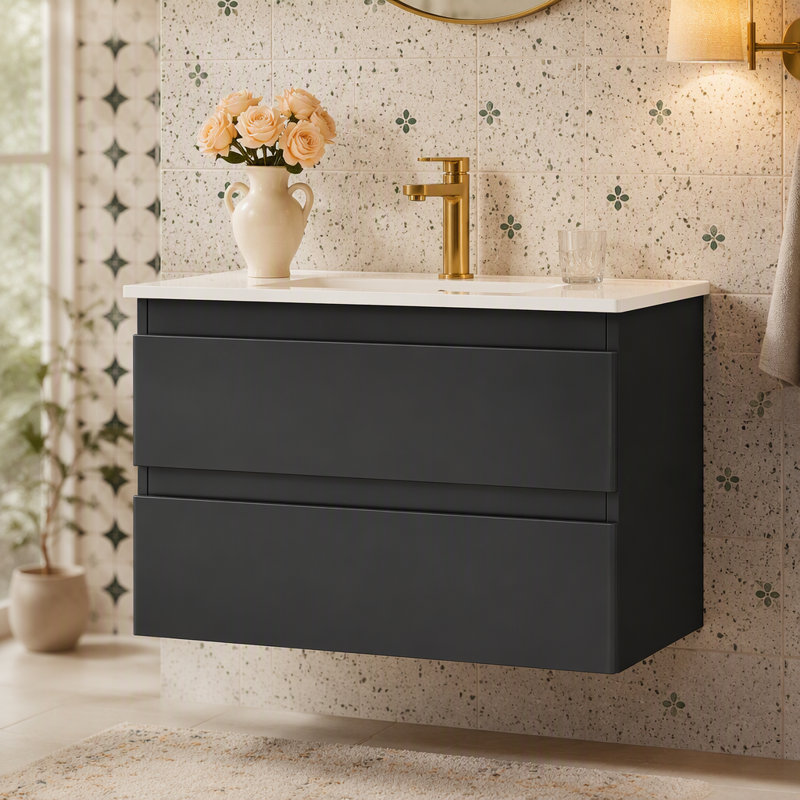 Meuble-lavabo mural 32 po avec lavabo combiné, double tiroir, façades de tiroir arrondies, système de fermeture en douceur, lavabo en céramique, conception sans poignée, bois massif, facile à installer, brun noir
