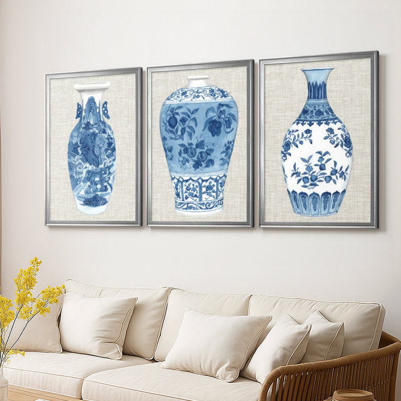 Vase en lin Ming I - Toile tendue avec châssis sur mesure - 3 pièces, H 27 po x l 39 po, Argent argent