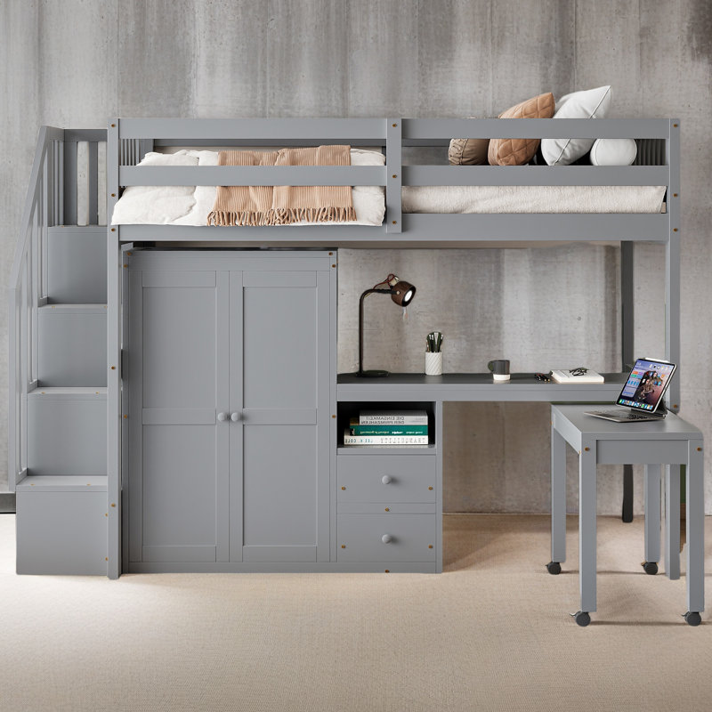 Lit mezzanine avec escalier, Gris, Lit simple