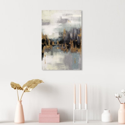 Gold Peaks Landscape, Abstract Mountains Modern Gray - peinture sur toile