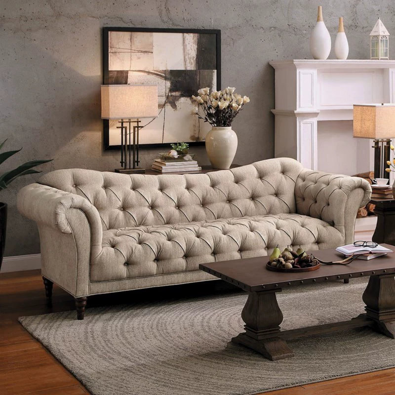 American Country Solid Wood Beige Sofa