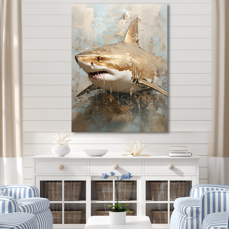 " Minimalism Shark Painting In Golden Beige ", 44" H x 34" W x 1.5" D, Wrapped Canvas