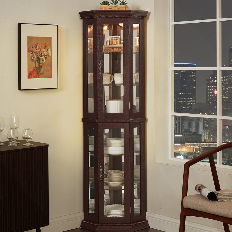 Vitrine de coin lumineuse avec tablette en verre, tablettes réglables, portes en verre trempé et dispositif anti-basculement, idéale pour la décoration intérieure